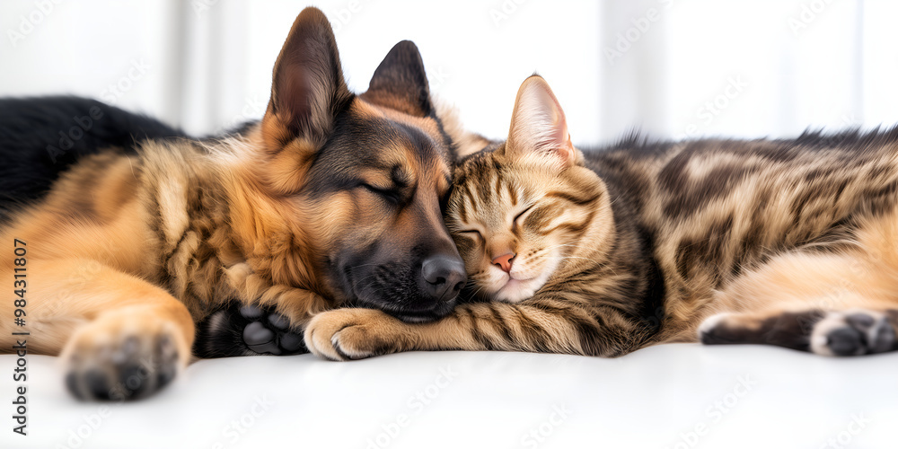 Obraz premium german shepherd and cat sleeping together; copy space; widescreen backdrop