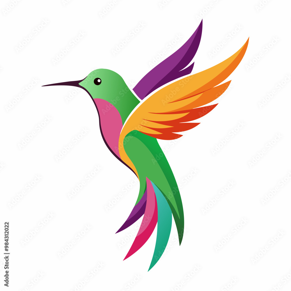Fototapeta premium a colorful hummingbird flying with its wings spread out and wings spread out to the side of the image