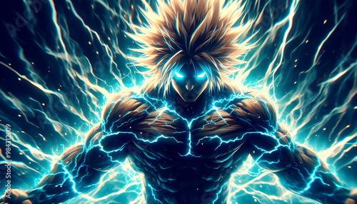 Fantasy character image generated using AI, fantasy anime character strong with effects - Ninja, fighting, action, strong main character, thunder and fire ability, 