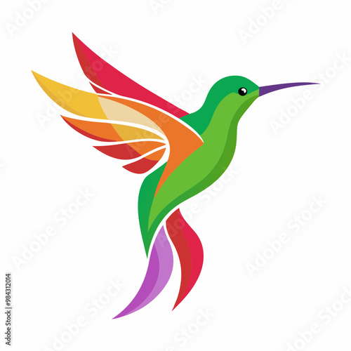 a colorful hummingbird flying with its wings spread out and wings spread out to the side of the image