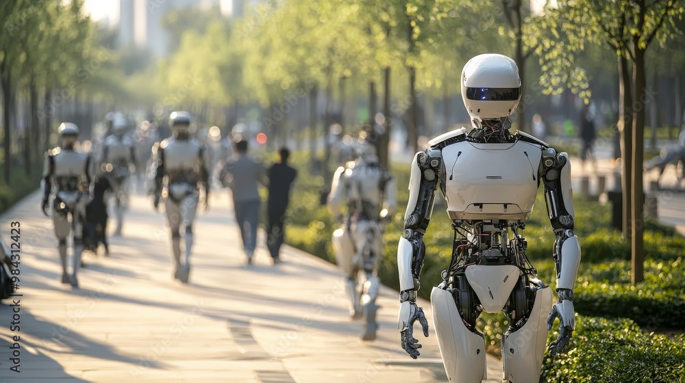 A public park filled with AI robots, some trimming bushes, others assisting elderly citizens on walks, creating a harmonious blend of nature and technology. A public park filled with AI robots, some trimming bushes, others assisting elderly citizens on walks, creating a harmonious blend of nature and technology.
