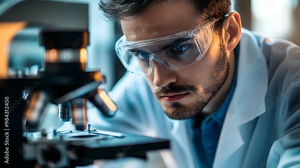 A technician wearing safety goggles intently analyzing product samples under a microscope, showcasing the precision and attention to detail required in product inspection and quality control. A technician wearing safety goggles intently analyzing product samples under a microscope, showcasing the precision and attention to detail required in product inspection and quality control.