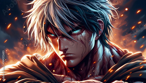 Fantasy character image generated using AI, fantasy anime character strong with effects - Ninja, fighting, action, strong main character, thunder and fire ability, 