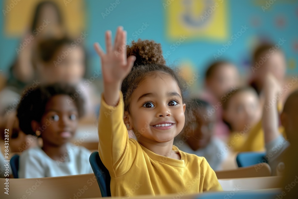 Cheerful diverse primary school children students in modern light classroom with one hand up to asnwer teacher's question Cheerful diverse primary school children students in modern light classroom with one hand up to asnwer teacher's question