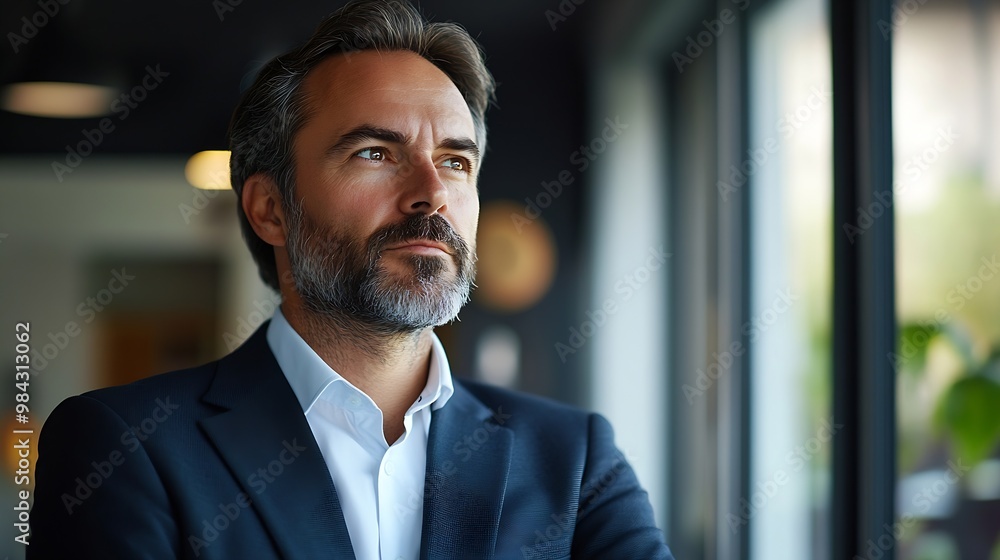 Happy confident mature 45 years old business man investor standing in office looking away Middle aged rich business owner male ceo executive leader wearing suit at work thinking on fut : Generative AI Happy confident mature 45 years old business man investor standing in office looking away Middle aged rich business owner male ceo executive leader wearing suit at work thinking on fut : Generative AI