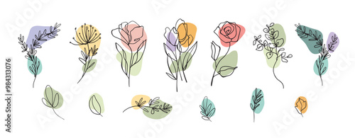 Doodle flowers outline style set, hand drawn floral elements  on white background, plants, botanic , sticker, vector illustration