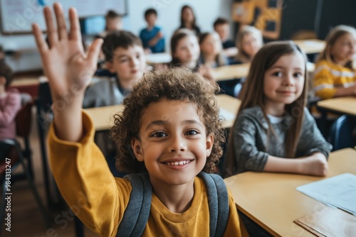 Cheerful Diverse Primary School Children Raising Hands to Answer Teacher’s Question in a Bright Modern Classroom