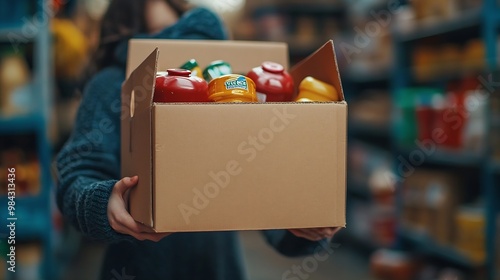 Volunteer donation box with food donating food food box Charity Help Charitable donation Help Volunteer Groceries Hand Grab Box Cardboard Community Care Give : Generative AI photo