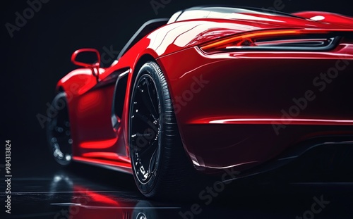 A red sports car with the headlights on, illuminated against a black background.