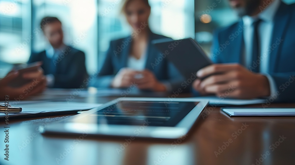 Business people working on digital tablet during meeting in boardroom : Generative AI Business people working on digital tablet during meeting in boardroom : Generative AI