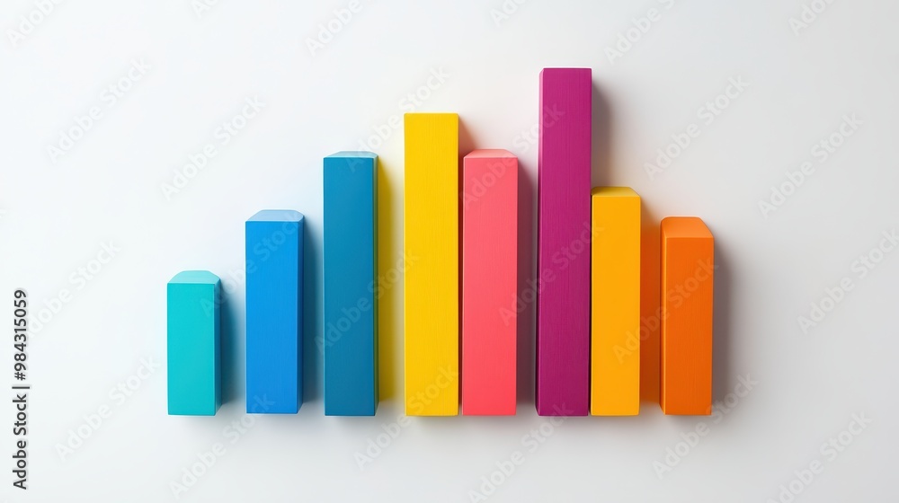 Abstract bar graph with bold, bright colors, indicating exponential business growth, on a minimalist white background. Abstract bar graph with bold, bright colors, indicating exponential business growth, on a minimalist white background.