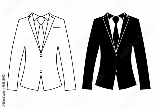 The image shows two simple illustrations of suits with ties. Both suits have similar designs with collars, buttons, and ties, but one appears to have white stripes and the other has a solid black 