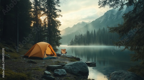 Night photo of an orange tent in the middle of a muddy forest