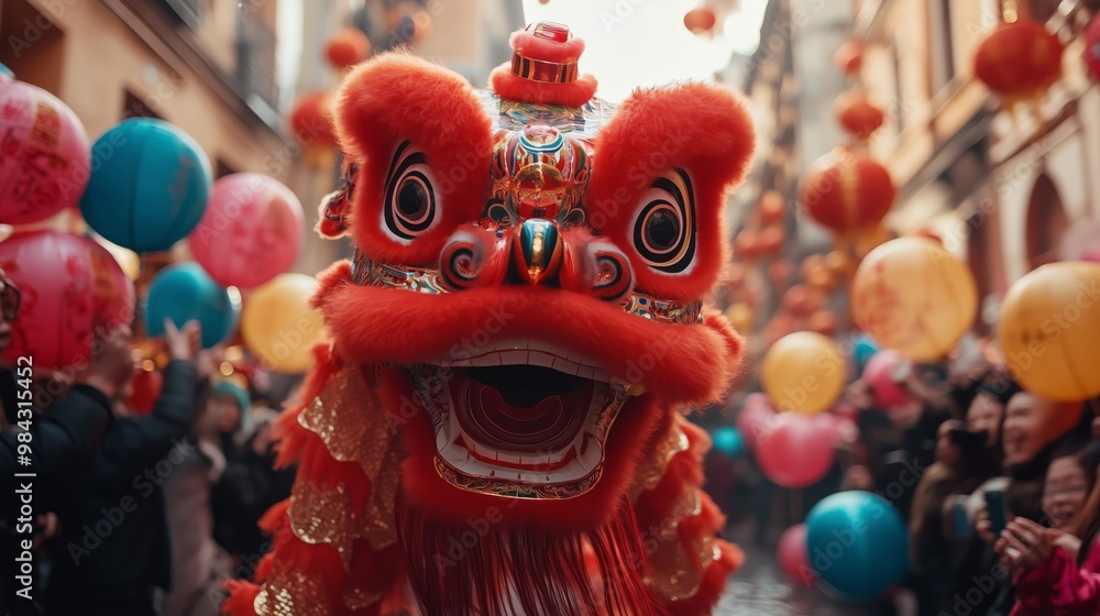 Fototapeta premium A vibrant street scene during Chinese New Year, with lion dances and lanterns in the background.