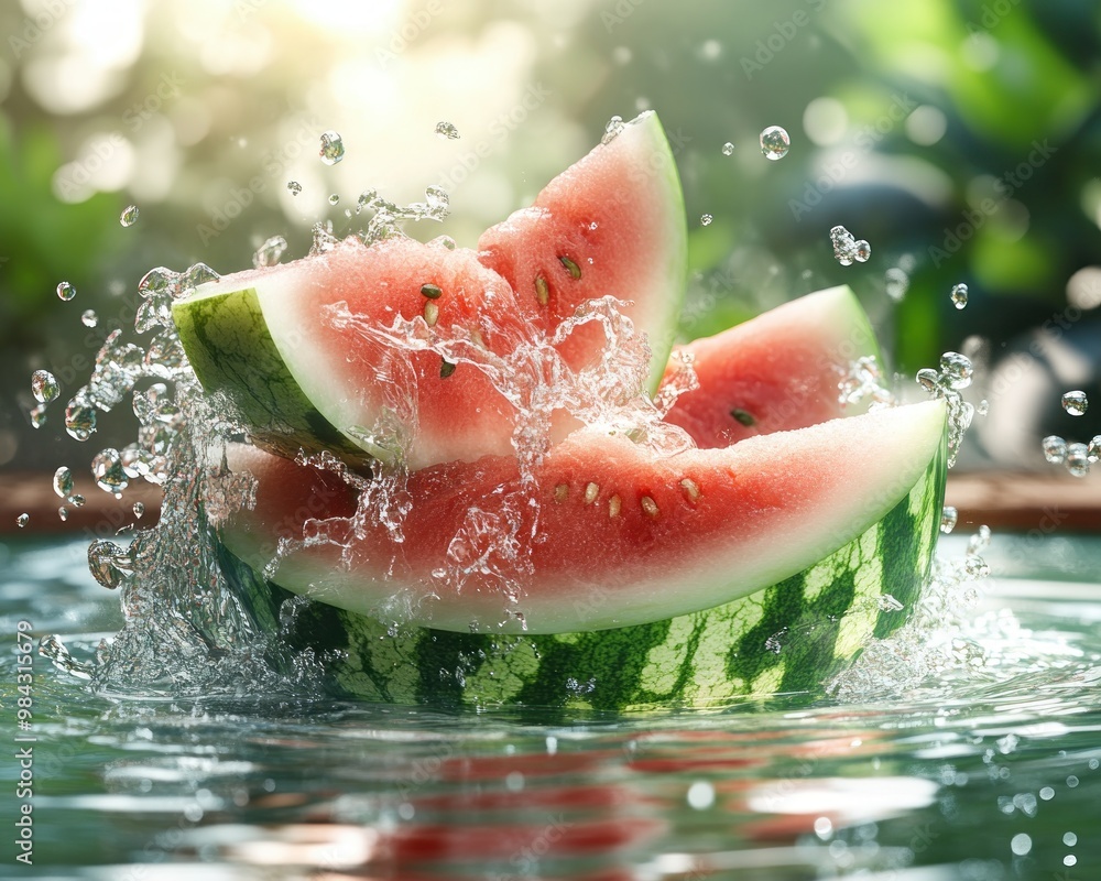 Refreshing Watermelon Slices Floating in Water, Symbolizing Summer Vitality and Freshness, Perfect for Summer Drinks, Snacks, and Decorations Refreshing Watermelon Slices Floating in Water, Symbolizing Summer Vitality and Freshness, Perfect for Summer Drinks, Snacks, and Decorations