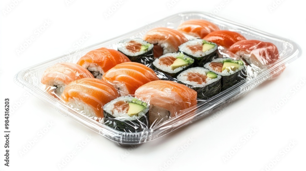 A plastic tray of sushi, tightly wrapped in clear plastic film, centered on a white background, highlighting fresh takeout packaging. A plastic tray of sushi, tightly wrapped in clear plastic film, centered on a white background, highlighting fresh takeout packaging.