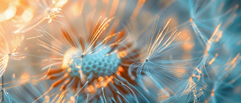 Obraz premium Abstract Close-Up of Dandelion Seeds in Blue Light