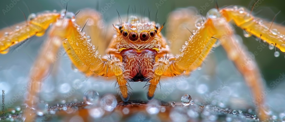 Fototapeta premium Close-Up of an Orange Spider with Dewdrops