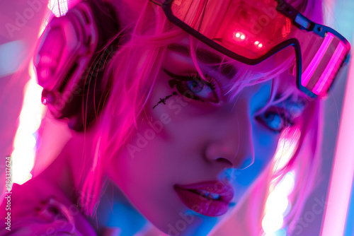 Futuristic neon photo image young people dancing nightclub nightlife pop style, Generative AI