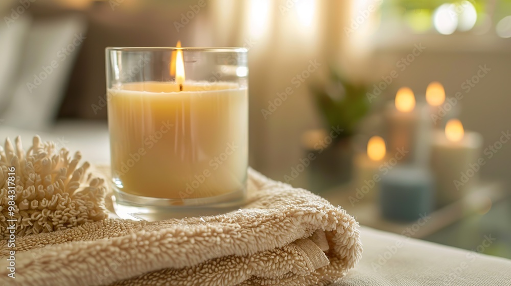 Two glowing candles on a towel with soft bokeh lights in the background Two glowing candles on a towel with soft bokeh lights in the background