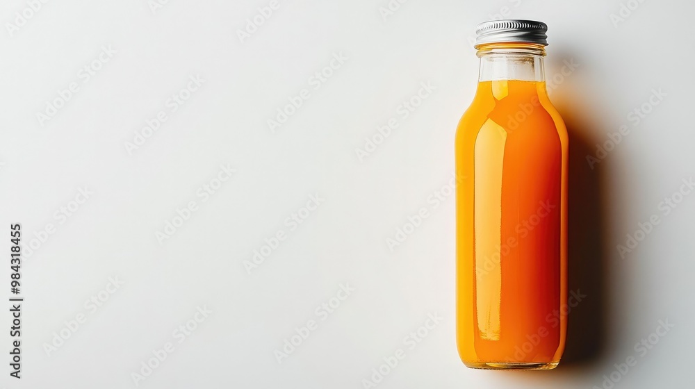 A sleek glass bottle of nutrient-packed orange, carrot, and apple juice, sitting on a clean white background to highlight the purity and natural goodness A sleek glass bottle of nutrient-packed orange, carrot, and apple juice, sitting on a clean white background to highlight the purity and natural goodness