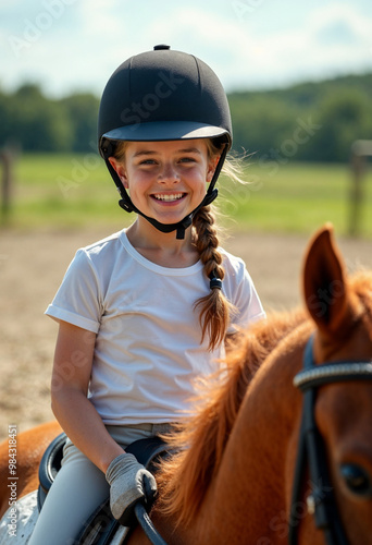 Happy young girl riding a horse in a sunny equestrian arena during her lesson.






 photo