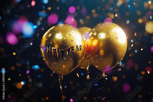 Festive Golden Foil Balloons Celebrating the New Year with Colorful Confetti