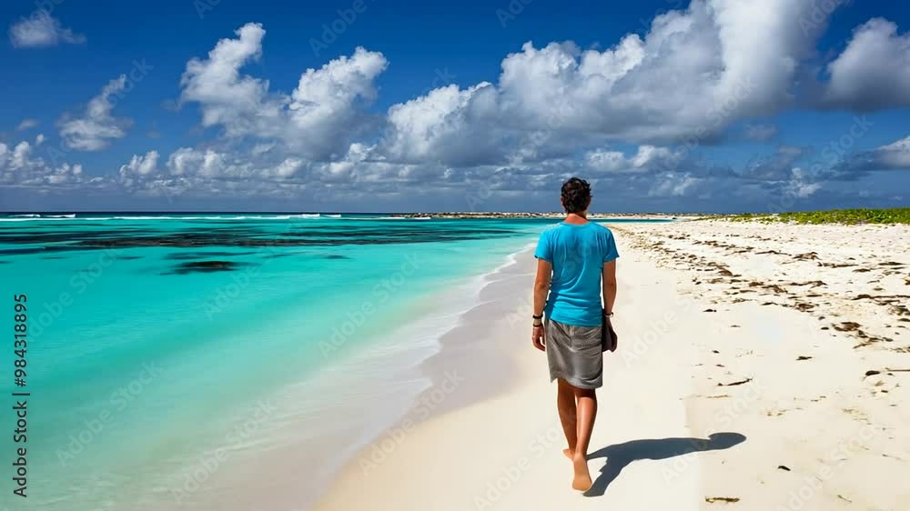 Person Walking Along a Serene Beach With Turquoise Water and Clouds Generative AI Person Walking Along a Serene Beach With Turquoise Water and Clouds Generative AI