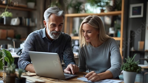 Happy young male manager helping mature female employee explaining computer work Two happy busy professional business people using laptop technology working together in office Vertical : Generative AI