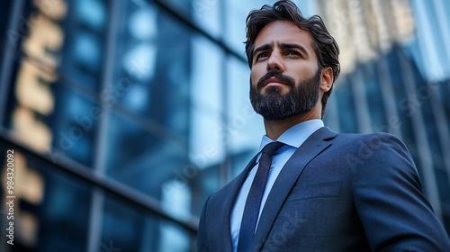 Successful businessman in suit with beard standing in front of office building confidently looking away Hispanic male business person side view portrait Free space Modern business peop : Generative AI photo