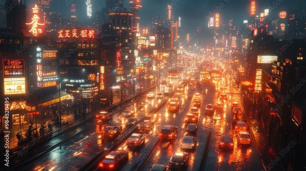 Fototapeta premium A bustling city street at night, illuminated by neon lights.