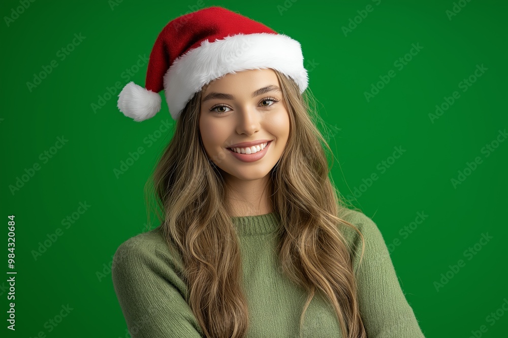 A woman wearing a red and white Santa hat is smiling. She is wearing a green sweater and is posing for a picture A woman wearing a red and white Santa hat is smiling. She is wearing a green sweater and is posing for a picture