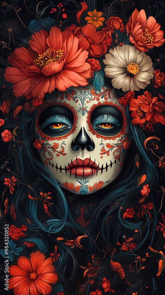 La Catrina Mobile Phone Wallpaper with Sugar Skull Makeup and Stitched Mouth, Adorned with Orange Marigolds on a Black Background, Halloween and Dia De Los Muertos La Catrina Mobile Phone Wallpaper with Sugar Skull Makeup and Stitched Mouth, Adorned with Orange Marigolds on a Black Background, Halloween and Dia De Los Muertos