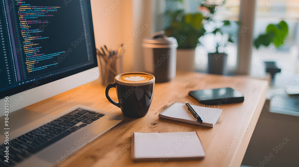 Cozy Home Office Setup with Laptop Coffee and Coding Essentials Cozy Home Office Setup with Laptop Coffee and Coding Essentials
