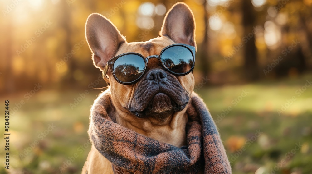 Obraz premium Stylish French Bulldog Wearing Sunglasses and Scarf Posing Outdoors in Autumn