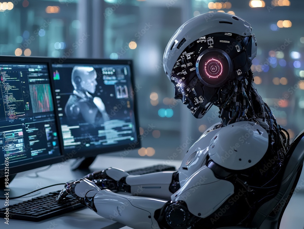 A robot with human-like features sitting in a lab, analyzing data on multiple screens, representing the capabilities of AI in research and development A robot with human-like features sitting in a lab, analyzing data on multiple screens, representing the capabilities of AI in research and development
