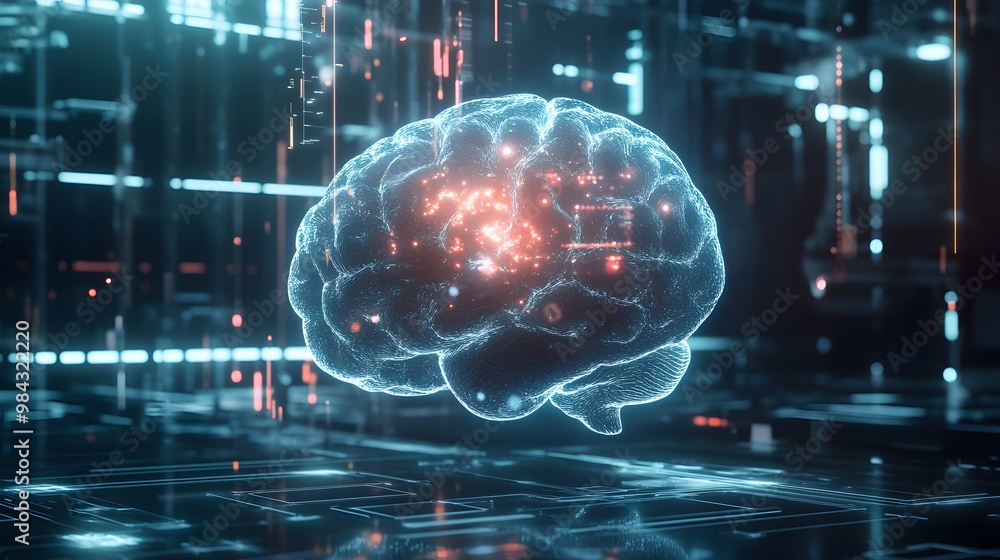 A futuristic digital brain composed of light particles, with AI-powered neural networks extending from it, connecting to various data points and circuits in a high-tech environment A futuristic digital brain composed of light particles, with AI-powered neural networks extending from it, connecting to various data points and circuits in a high-tech environment