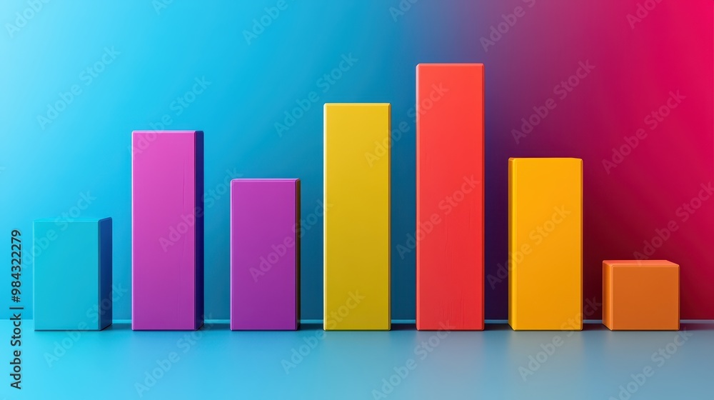 Bright and bold bar graph representing the growth of a business, each bar distinctly colored, on a minimalist canvas. Bright and bold bar graph representing the growth of a business, each bar distinctly colored, on a minimalist canvas.