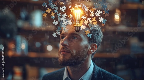 Illuminating Business Concepts - Puzzle Lightbulb Above Businessman Signifying Innovation and Creative Thinking.