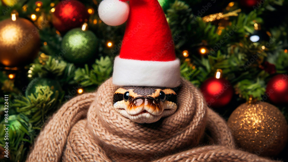 Obraz premium Close up of festive snake wearing Santa hat. Christmas and New Year concept