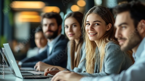 Group of young business people using laptop having a meeting or presentation and seminar in the office : Generative AI