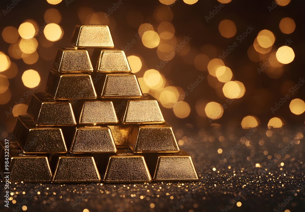 Golden Pyramid of Stacked Gold Bars with Luxurious Glow Golden Pyramid of Stacked Gold Bars with Luxurious Glow