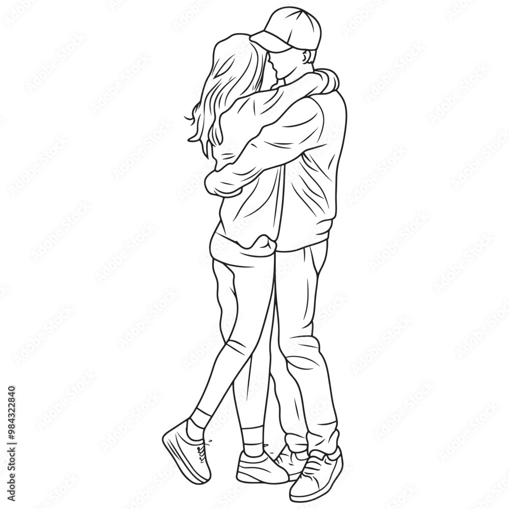 Romantic Couple Hugging Line Art Illustration Romantic Couple Hugging Line Art Illustration