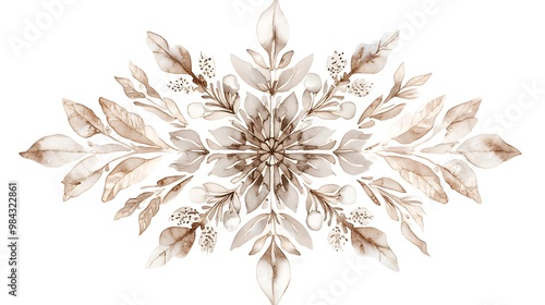 A watercolor illustration of a boho Christmas snowflake featuring intricate designs and soft neutral colors, isolated on a white background 