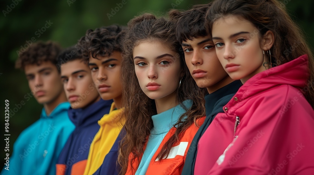 Sporty and stylish Young people boys and girls wearing 90s style tracksuit accessories posing outdoors over greenery background Concept of 90s fashion youth culture oldstyle trends : Generative AI Sporty and stylish Young people boys and girls wearing 90s style tracksuit accessories posing outdoors over greenery background Concept of 90s fashion youth culture oldstyle trends : Generative AI