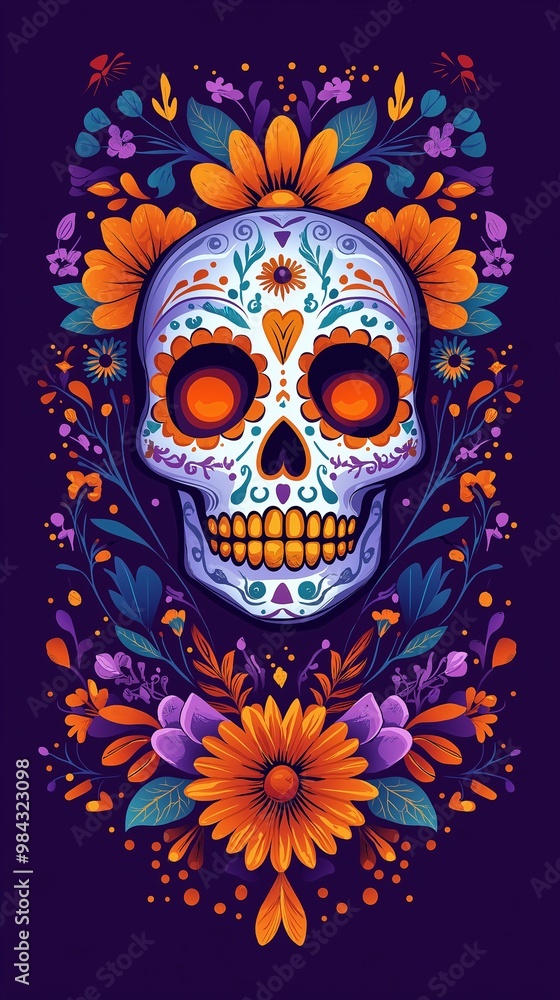 Sugar Skull Surrounded by Marigold Wreath on a Purple Background, Ideal for Halloween and Dia De Los Muertos Mobile Phone Wallpaper Sugar Skull Surrounded by Marigold Wreath on a Purple Background, Ideal for Halloween and Dia De Los Muertos Mobile Phone Wallpaper