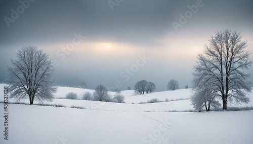 Wintery Season Landscape white fields and ice, nature and forest stock photo