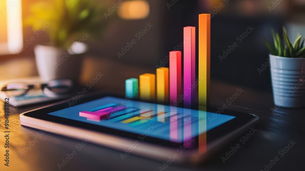 Bright bar graph in primary colors, showing the step-by-step growth of a business, on a digital tablet screen. Bright bar graph in primary colors, showing the step-by-step growth of a business, on a digital tablet screen.