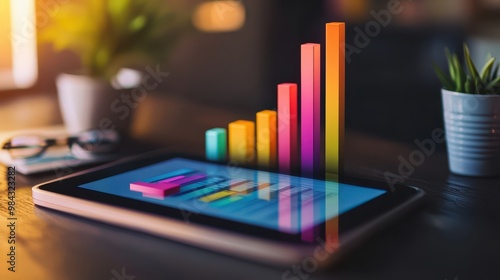 Wallpaper Mural Bright bar graph in primary colors, showing the step-by-step growth of a business, on a digital tablet screen. Torontodigital.ca