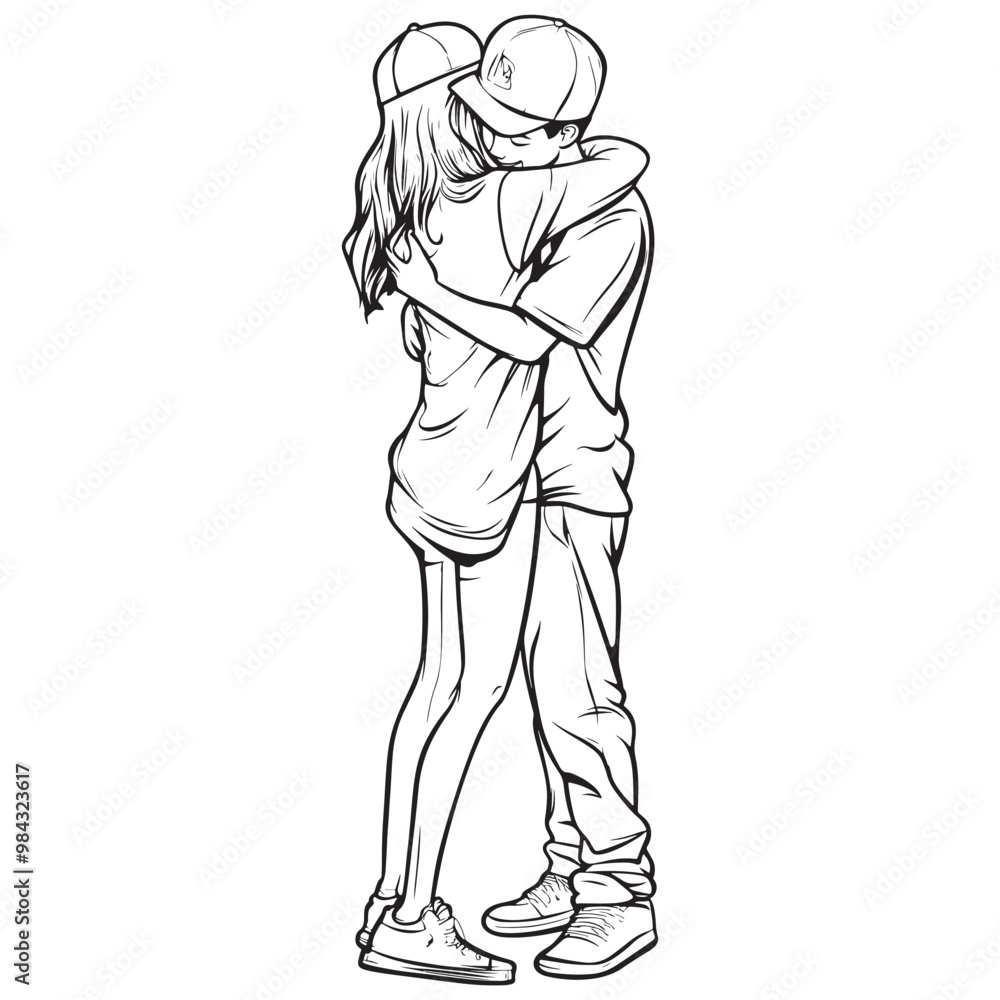 Romantic Couple Hugging Line Art Illustration Romantic Couple Hugging Line Art Illustration